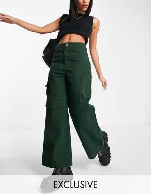 Girls Khaki Cotton Mid Rise Wide Leg Cargo Trousers