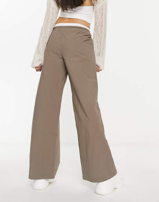 COLLUSION low rise wide leg nylon parachute pant in mocha