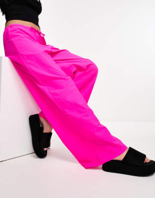 low rise wide leg parachute pant in hot pink-Orange