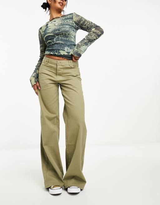 Topshop Tall low rise linen cargo straight leg pants in khaki