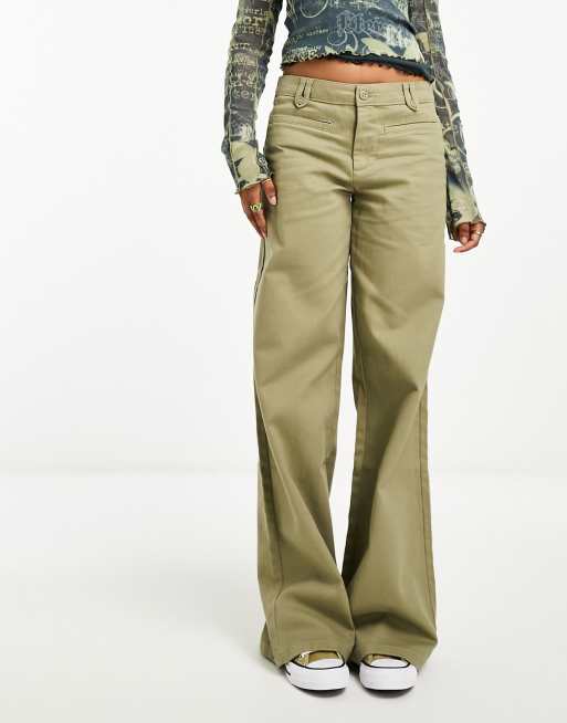 HOUZHOU Womens Khaki Cargo Pants With Oversized Pockets And Wide