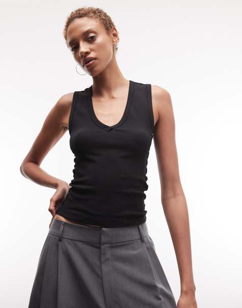 COLLUSION low v-neck exposed seam ribbed singlet in black - view 1