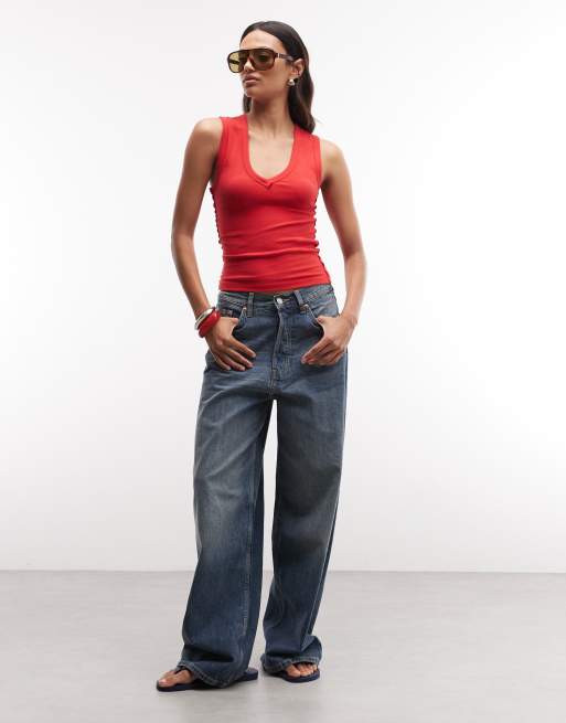 COLLUSION low v neck exposed seam ribbed singlet in red, 2 of 4