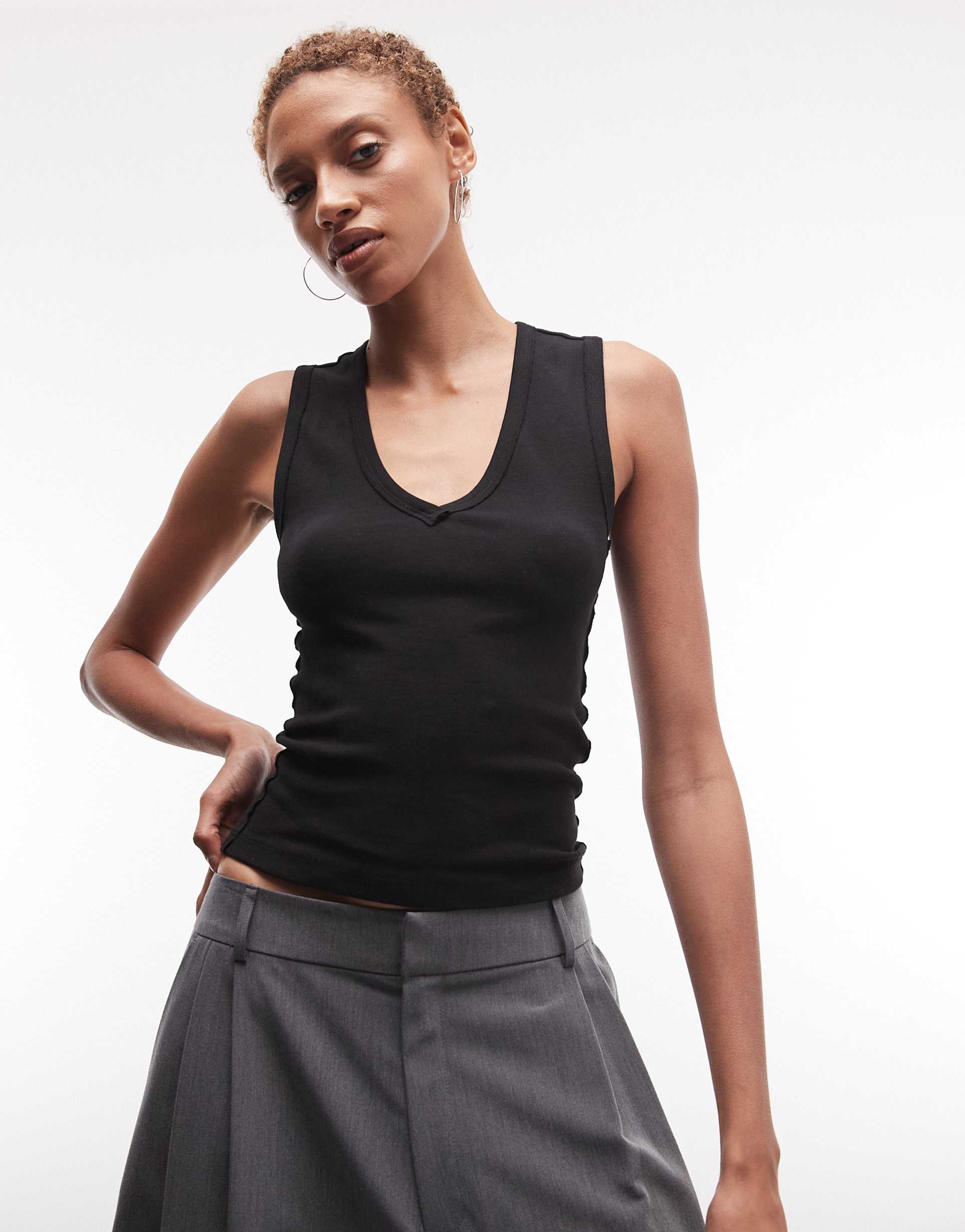 collusion low v neck exposed seam ribbed tank top in black