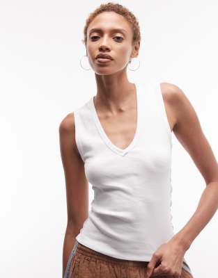 Collusion Low V-neck Exposed Seam Ribbed Tank Top In White