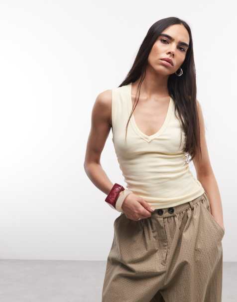 COLLUSION low v neck exposed seam ribbed vest in buttermilk - view 1