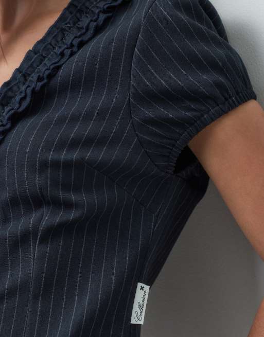 COLLUSION low v neck  frill shirt in navy pinstripe, 3 of 4