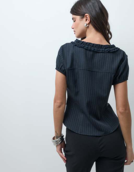 COLLUSION low v neck  frill shirt in navy pinstripe, 4 of 4
