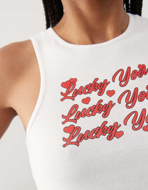 COLLUSION lucky you graphic tank top in white