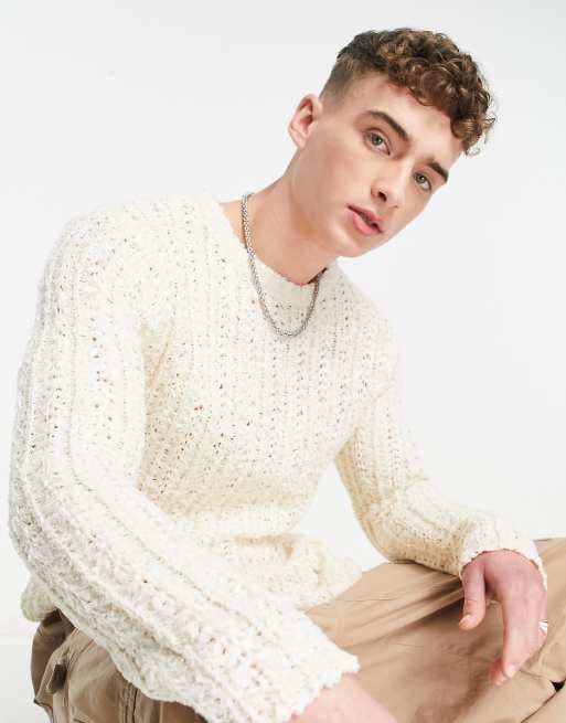 COLLUSION - Lys hvid strikket tekstureret sweater med rund hals 