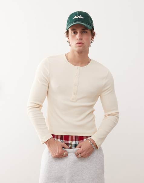 COLLUSION - Maglia serafino a maniche lunghe slim color pietra a coste - view 1