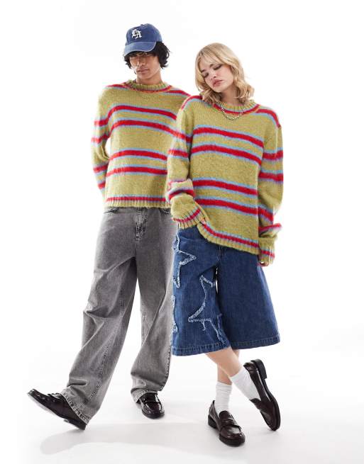 COLLUSION - Maglione girocollo unisex spazzolato verde a righe, 4 di 4