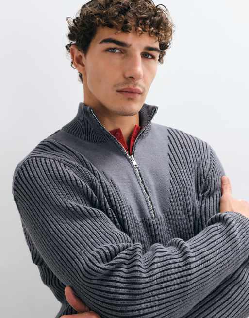 COLLUSION maglione grigio con zip 3/4 e collo a imbuto, 4 di 5