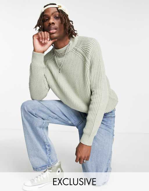 COLLUSION - Maglione in maglia a coste verde salvia con maniche raglan 