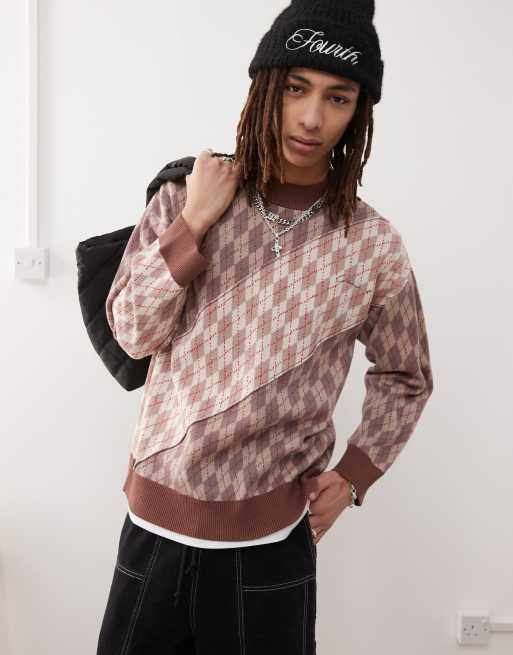 COLLUSION - Maglione lavorato color crema con motivo diviso a rombi
