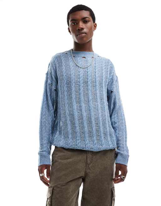COLLUSION - Maglione leggero blu a trecce effetto invecchiato