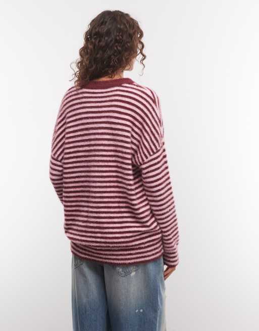 COLLUSION maglione morbido oversize a righe rosa e bordeaux, 4 di 4