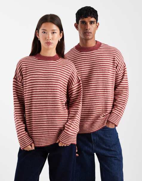 Collusion maglione unisex morbido a righe girocollo in rosso e crema - view 1