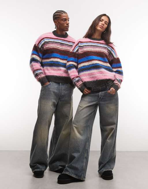 COLLUSION maglione unisex oversize a girocollo a righe soffici multicolore, 1 di 4