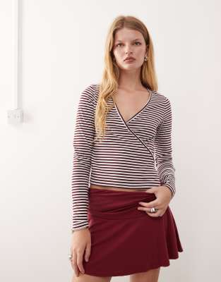 maroon stripe V-neck long sleeve wrap top-Multi