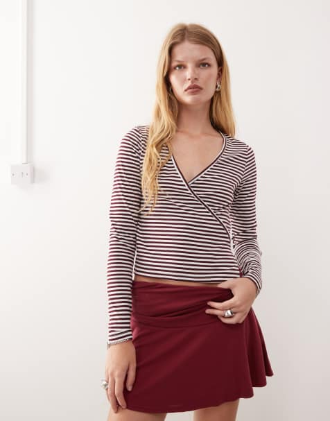 COLLUSION maroon stripe v neck long sleeve wrap top - view 1