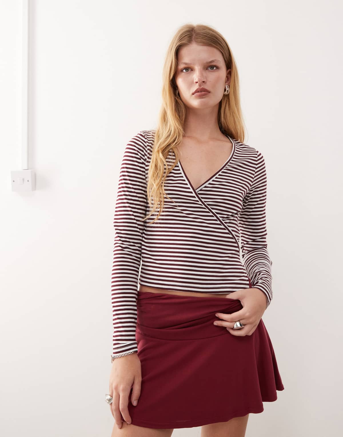 COLLUSION maroon stripe v neck long sleeve wrap top