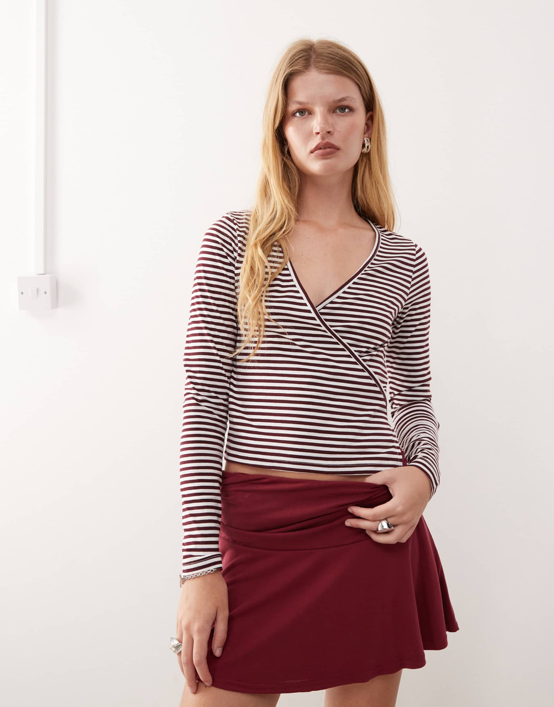 collusion maroon stripe v-neck long sleeve wrap top