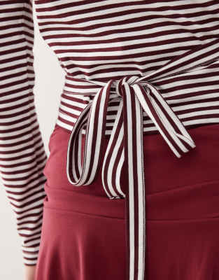 Collusion Maroon Stripe V-neck Long Sleeve Wrap Top-multi In Multi