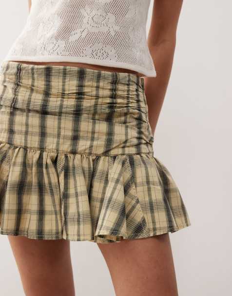 COLLUSION dropped waist check mini skirt in buttermilk