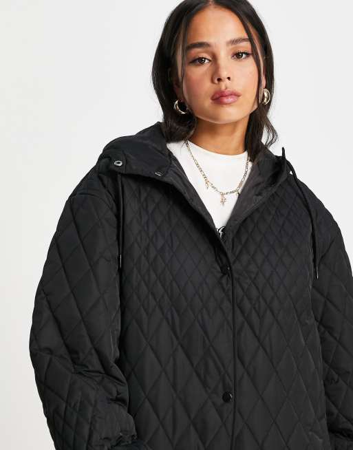 COLLUSION maxi hooded coach jacket with mixed quilting detail in black