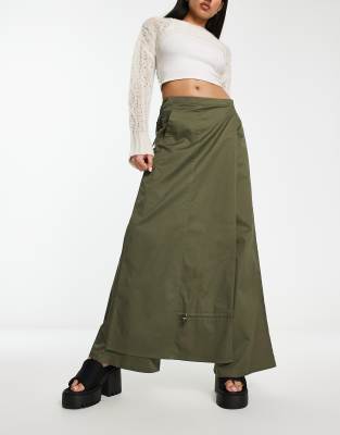 Collusion Maxi Pants Skirt In Khaki-green