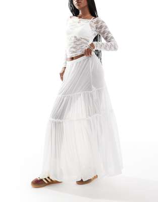 Collusion maxi sheer tiered skirt in cream