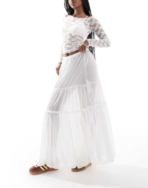 COLLUSION maxi sheer tiered skirt in cream - view 1