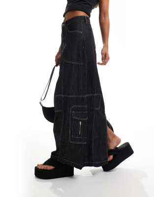 maxi skirt in lightweight denim with contrast stitch-Black