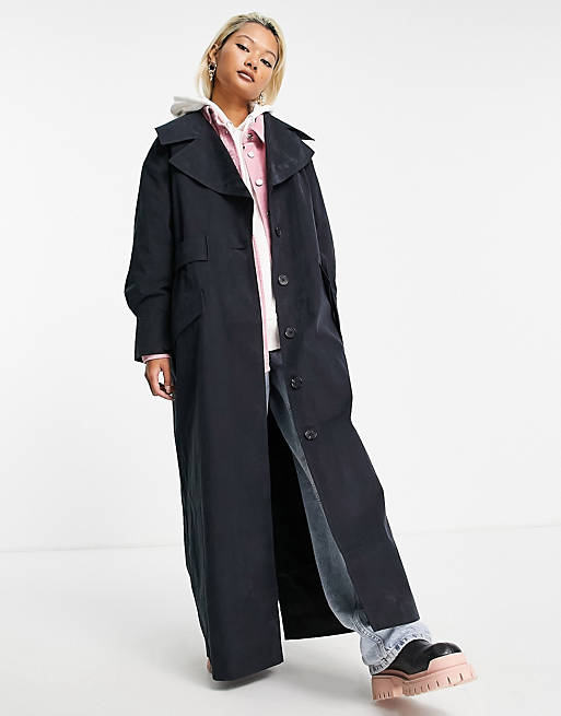 cavity Wet Oswald COLLUSION maxi trench coat in navy | ASOS