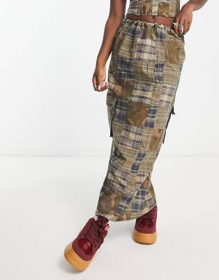 COLLUSION maxi utility cargo skirt co-ord in cargo skirt in camo & check patchwork-Green