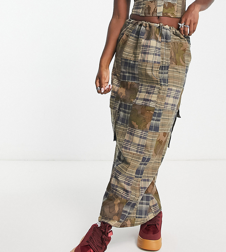 COLLUSION maxi utility cargo skirt co-ord in cargo skirt in camo & check patchwork-Green