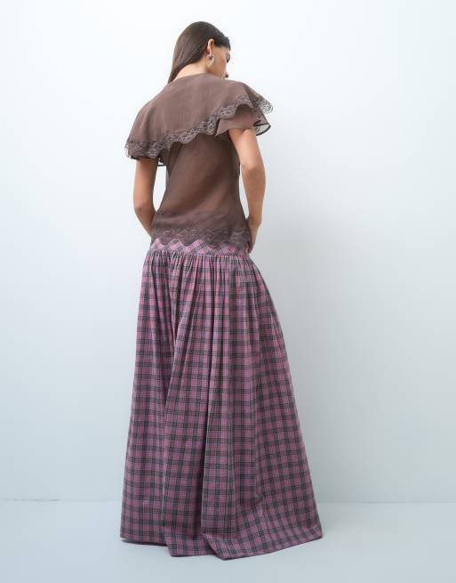COLLUSION maxi woven skirt in red check, 4 of 5