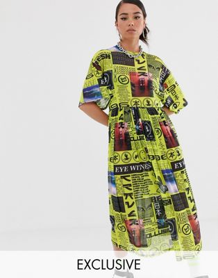 COLLUSION - Media - Aangerimpelde halflange mesh jurk met print-Multi