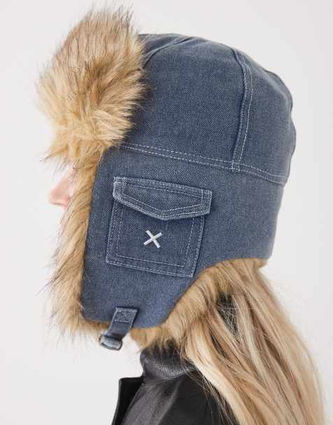 COLLUSION – Mellanblå öronlappsmössa i denim och vintagestil med fuskpälsskanter - view 1