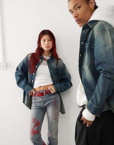 COLLUSION – Mellanblå, tvättad, oversize skjortjacka i unisex-modell - view 1