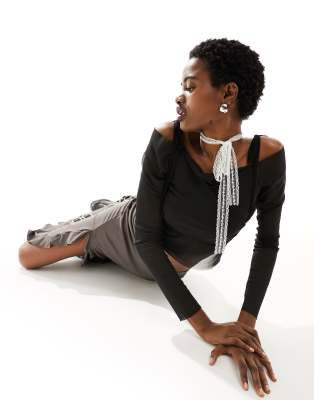 Collusion Mesh Ballet Wrap Around Long Sleeve Top In Black