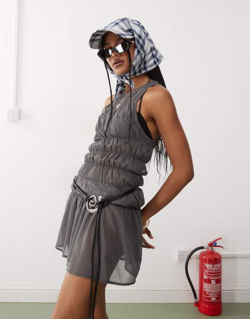 COLLUSION mesh beach dress with ruched detailing in grey, 3 of 4