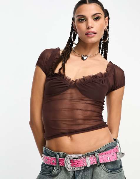 COLLUSION mesh cap sleeve corset in brown 