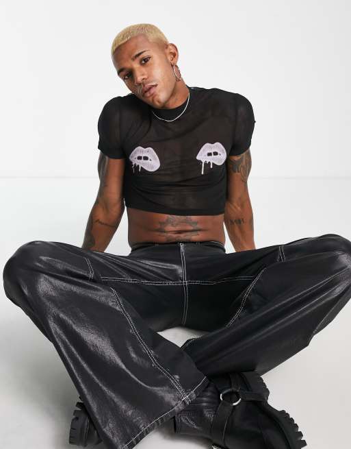 COLLUSION - Mesh crop top met lippenprint in bruin