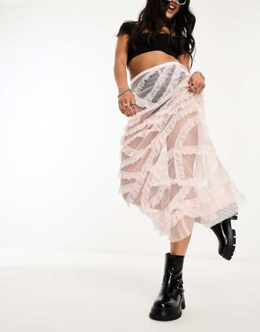 COLLUSION mesh frilled sheer maxi skirt in neutral ASOS