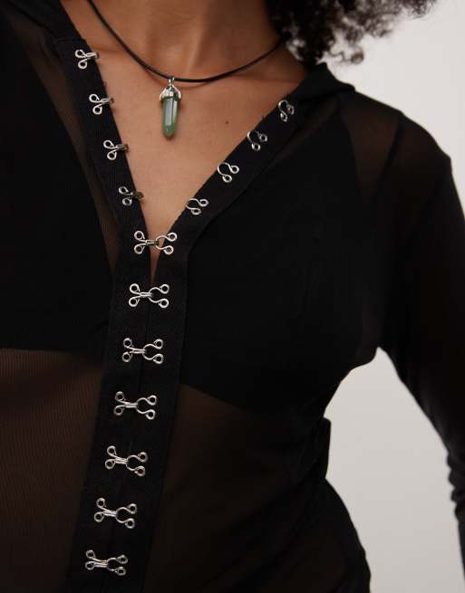 COLLUSION mesh hooded jacket with hook and eye detailing in black, 2 of 4