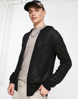 COLLUSION mesh knitted zip through hoodie in black