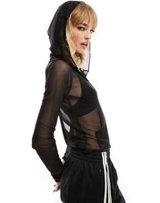 COLLUSION mesh long sleeve hooded top in black