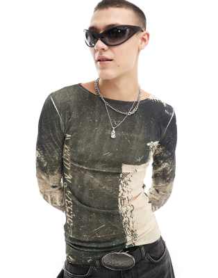 COLLUSION Mesh long sleeve slash neck t-shirt in multi print